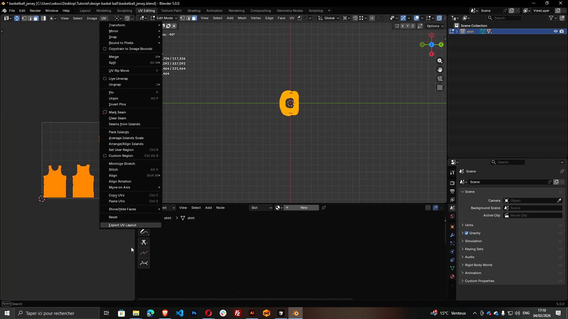 Blender UV Editor showing basketball jersey UV layout export at 2048x2048 resolution